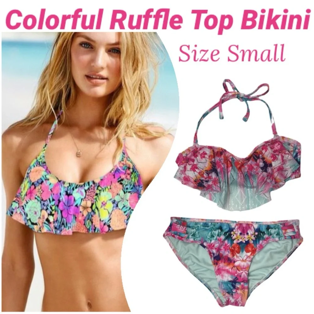 Vintage Y2K Bikini Romantic Ruffle Swimsuit Pastel Floral Pink White Size Small